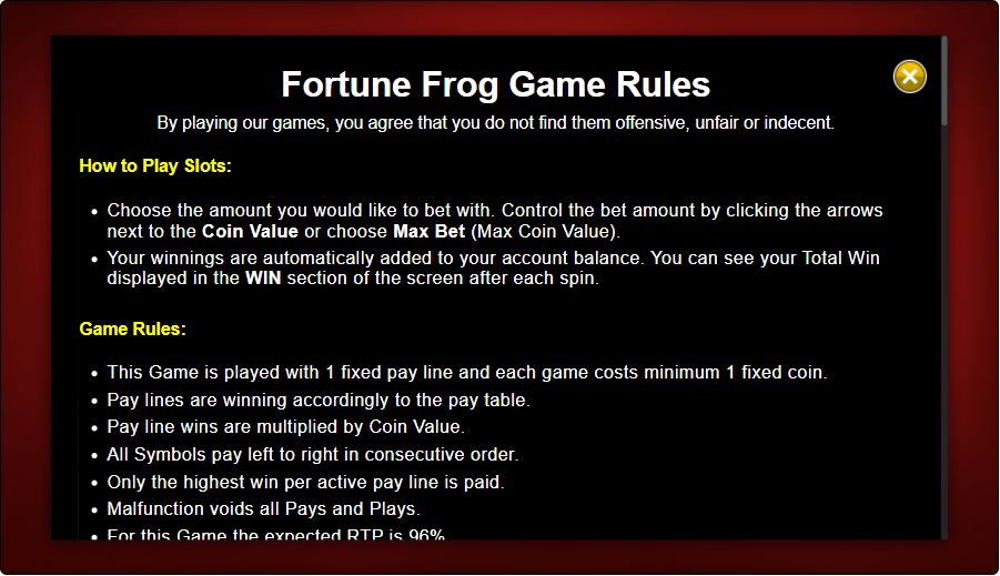 Fortune Frog Slot Paytable